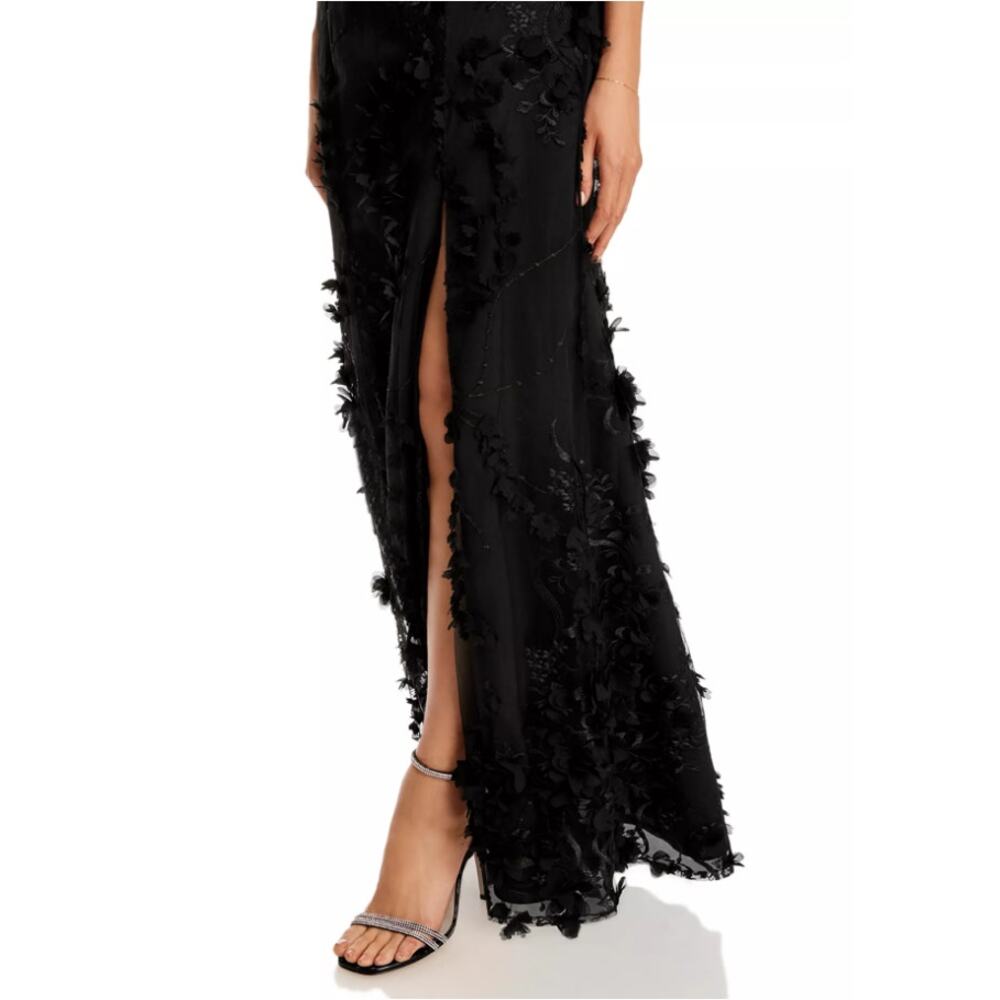 Adrianna Papell Black Floral Appliqué Double V Neck Mermaid Gown Size 10 - Picture 12 of 12